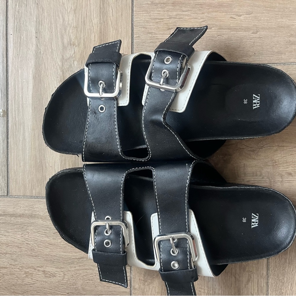 Zara Black and White Buckle Sandals Size 38